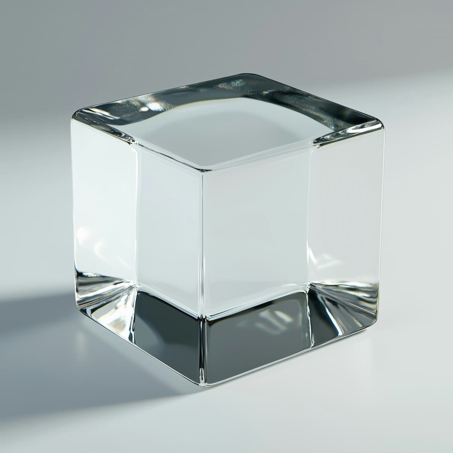 A clear glass cube with rounded edges on a grey ground, its base reflecting dark tones.